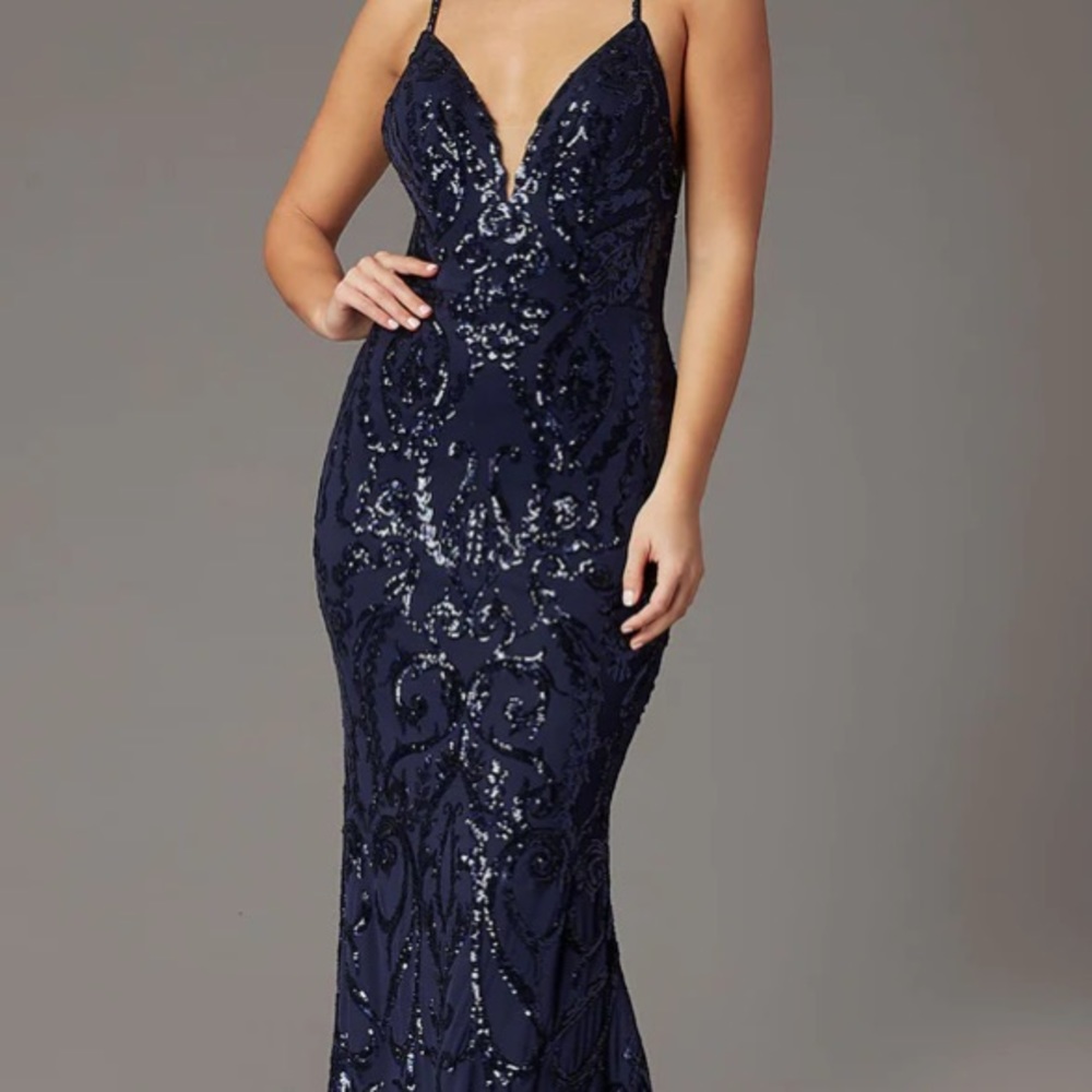Navy Long Sequin Trumpet Prom Dress